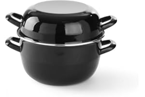 HENDI Marmite à moules ou à sauce avec couvercle, casserole, pot pour préparer et servir fruits de mer, pour les cuisinières à gaz, 4.2L, ø260x(H)210mm, émaillée noire avec rebord en inox