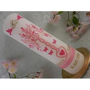 Hochzeitskerze Traukerze Lebensbaum Herz Schmetterlinge Tauben rosa gold 250/70 mm inkl. Beschriftung