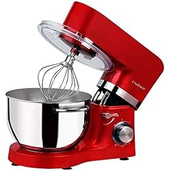 Cookmii 1500W Robot pâtissier, Robot pétrin, Robot mélangeur, Pétrisseur, Robot de cuisine multifonction Faible bruit avec Bol en Acier inox de 5.5L, Couvercle, Batteur, Fouet & Crochet Rouge