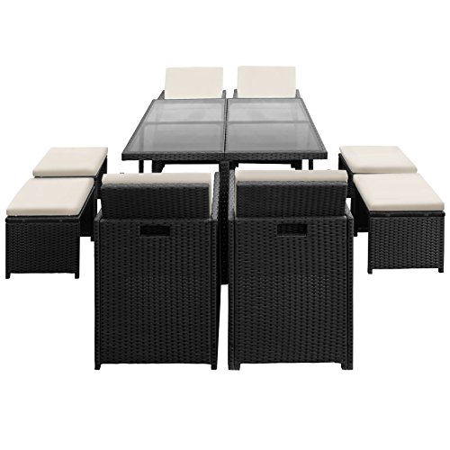 Miadomodo Polyrattan Sitzgruppe Sitzgarnitur Gartenmöbel 9-teilig in der Farbe nach Ihrer Wahl (Schwarz - Sitzkissen: Cremeweiß)