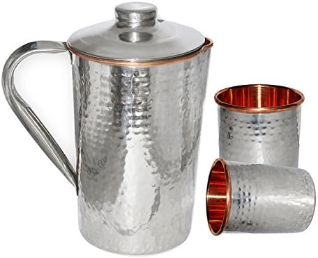 DakshCraft ® Steel Copper Hammered Jug &amp; Steel Copper Hammered Glass, Set of 2