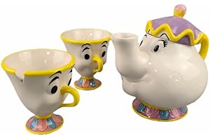 UNDIFY Tetera y 2 tazas de té de cerámica de la Bella y la Bestia