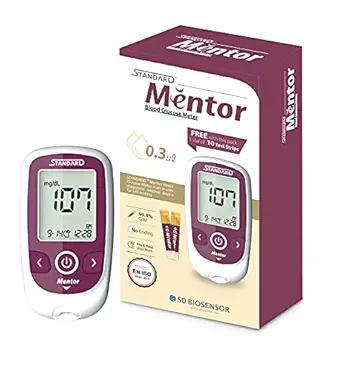 Mentor Blood Glucose Monitoring Glucometer Kit with Vial of 10 Strips, 10 Lancets and a Lancing device & Lifetime Warranty
