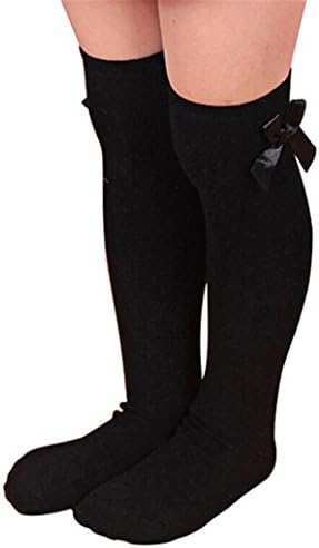 Girls Cotton Knee Length Socks Kids Children Bowknot Striped Winter Leg Warmers (Black)