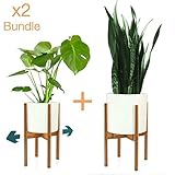  FOX & FERN Mid-Century Modern Soporte para Plantas - Ancho Ajustable Desde 23 cm Hasta 33 cm - Madera de Bambú - EXCLUYENDO Maceta de Cerámica Blanca (Juego de 2)