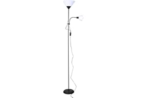 CristalRecord - Lámpara de pie con lector Orientable Negro con 2 interruptores y tulipa opal blanco, Lisa