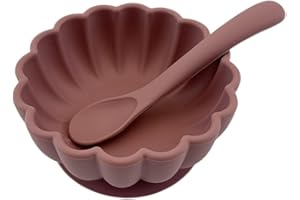 Alimos Scalloped Edge Silicone Baby Weaning Bowl and Spoon Set BPA-Free Baby Led Weaning Suction Base Baby Bowl (Rose Dawn)