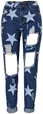 Wgwioo Women'S Jeans Disco High Waist Holes Loose Straight Star Print Beggar Nine Pants Trouser Zipper Pocket Pants . Deep Blue . 36