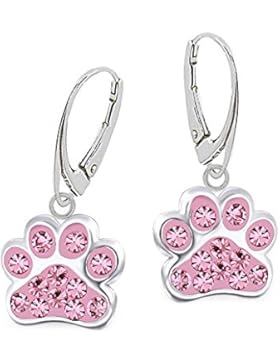 GH1a Pink Kristall Pfötchen Pfote Brisur Ohrringe 925 Echt Silber Mädchen Ohrhänger