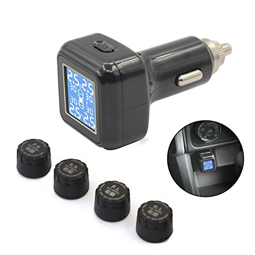 Preisvergleich Produktbild Pawaca TMPS Reifendruckkontrollsystem, Wireless AKM Digital Reifendruckmessgerät Zigarettenanzünder mit 4 Externen Wasserdichten Sensoren, Temperatur und Druck LCD-Bildschirm, Echtzeit-Alarmfunktion