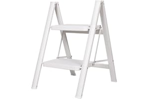 BAOYOUNI Escalera Plegable 2 Peldaños de Aluminio Ligera y Portátil Escalerilla Doméstica Taburete con Pedal Ancho Antideslizante, Peso Máximo 150 kg, para Hogar, Cocinas, Garaje, Oficina, Blanco