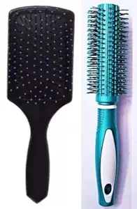 Pleev Round Rolling Curling Roller Comb Hair Brush Blue color & Pleev Paddle Flat Hair Brush Comb Combo For Men And Women