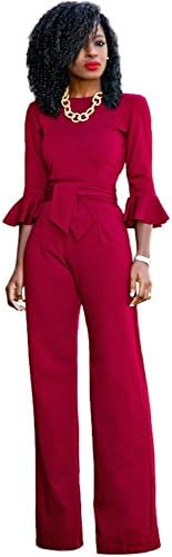 Corala Women Solid Long Sleeve Wide Leg Long Jumpsuits Romper Pants with Belt