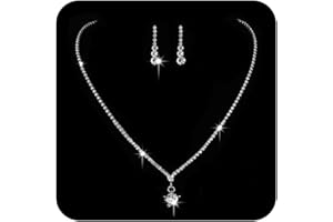 Ushiny Silver Bridal Wedding Jewellery Set Sparkly Rhinestone Necklace and Earring Set Initial Crystal Drop Earring Jewellery Set for Women and Girls