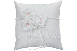 WERTSWF Coussin porte-alliances en satin blanc de 20 cm avec fleur décorée pour demande en mariage ou cérémonie