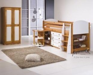 WHITE MIDSLEEPER CABIN BED, WITH CHEST OF DRAWERS, PULL OUT DESK, BOOKCASE AND TWO DOOR WARDROBE FROM CENTURION PINE