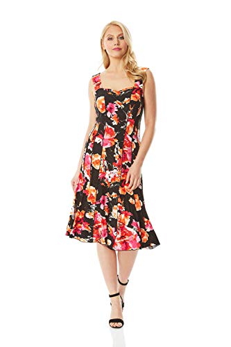 Roman Originals Robe Monochrome Fleurie avec empiècement - Robes mi-Longues Confortables en Jersey à col Rond Style décontracté Chic pour Le Bureau, Le Quotidien ou Un Mariage - Orange - Taille 44