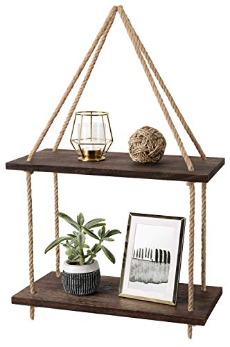 Mkouo Bois Étagère Suspendue Balançoire Murale Étagères de Rangement Corde de Jute Organizer Rack, 2 Tier
