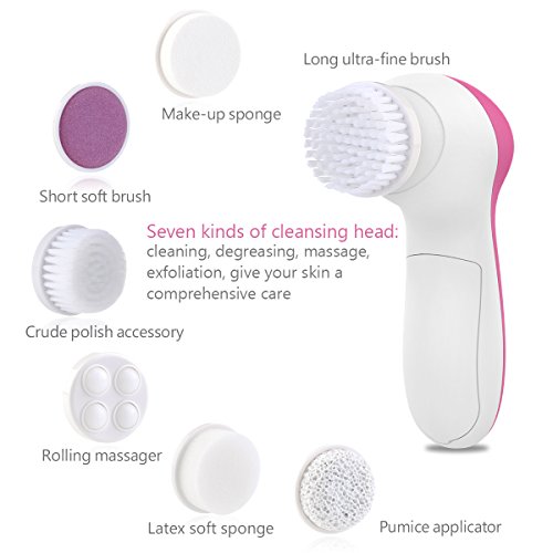 PIXNOR P2017 Waterfeste Gesichtsbürste Reinigungsbürste Massagebürste für Gesicht mit 7 Bürstenköpfen (Classic Rosa) - 4