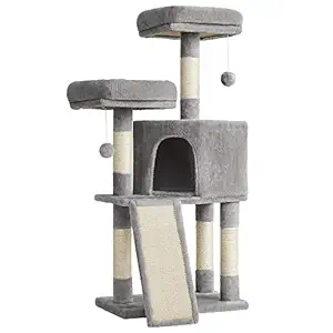 FEANDREA Cat Tower, Cat Tree for Indoor Cats, 45.3-Inch Cat Condo with Scratching Post, Ramp, Perch, Spacious Cat Cave, for Kittens, Elderly Cats, Adult Cats, Small Space, Light Gray UPCT141W01