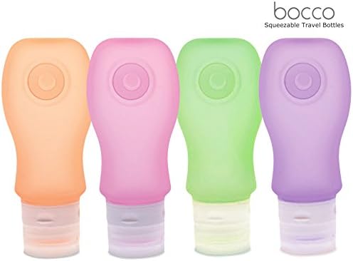 Bocco Leak Proof Squeezable Travel Bottles, Flight Cabin Approved Travel Accessories for Hand Luggage - Perfect for Liquid Toiletries - 4 Pack (All Large 3 oz / 89ml Bottles) (Orange/Pink/Purple/Green)