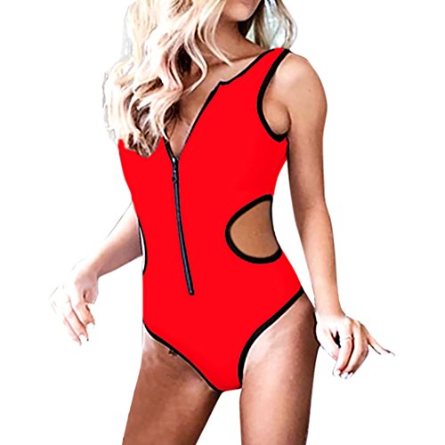 Carolui Women One-Piece Swimsuit Solid Zipper Cutout Bikini Swimwear Beachwear