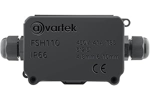 AVARTEK - IP66 Junction Box Waterproof, 2-Way Outdoor Extension Electrical Cable Protector, PG9 Connector Gland, Cable Diameter Ø 4mm-8mm (Black)