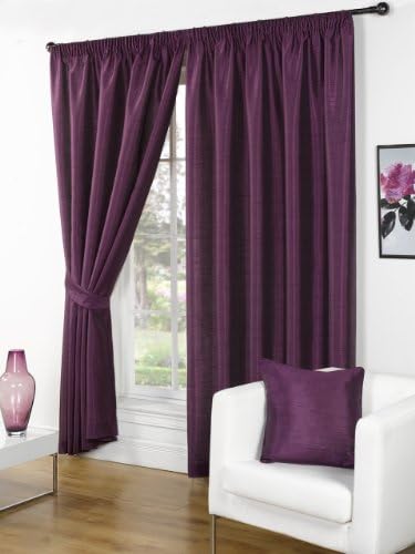 Luxury Faux Silk Slubbed Aubergine Fully Lined Readymade Curtain Pair 46x54in(116x137cm) Including One Pair Of Co-Ordinating Tiebacks.