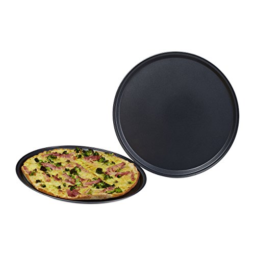 Relaxdays Pizzablech im Set mit großem Durchmesser: ca. 32 cm runde Backbleche für Pizza und Flammkuchen Pizza-Backblech im 2er Set Pizza Backset mit antihaftbeschichteten Blechen Pizza-Set, anthrazit