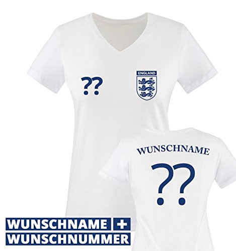 TRIKOT – ENG – WUNSCHDRUCK – Damen V-Neck T-Shirt – Weiss / Blau Gr. XL