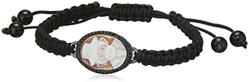 AMEDEO Hand Carved Sardonyx Shell Cameo Surrounded by Black Cubic Zirconia with Macrame Cotton String Featuring a Monkey Bracelet