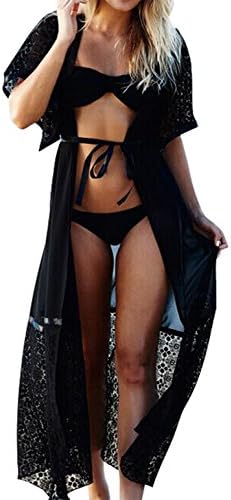 Summer Women Bathing Suit Sexy Lace Chiffon Bikini Cover Up Swimwear Blouse Beach Kaftan (S-UK 6, Black)