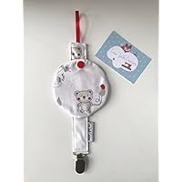 Attache tétine avec range tétine coulissant, motif ourson rouge