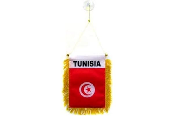 AZ FLAG - Fanion Tunisie Pour Décoration Voiture Avec Ventouse et Franges Dorées - Mini Drapeau Tunisien - 13x10 cm