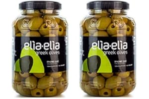 HELLENIKOS 2x 1kg entkernte grüne griechische Chalkidiki Oliven sehr groß super Mammut Mammouth eingelegt in Lake kernlos + 10ml Olivenöl zum Test im Set - Chalkidiki Griechenland