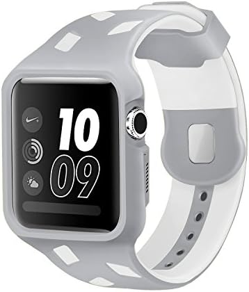 For Apple Watch Strap 42MM, TZFOX Rugged Protective Case with Resilient Strap Bands For Apple Watch 42mm Nike + Series 3 Series 2 Series 1 Sport and Edition (Sliver and White M/L Size)