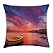 Produktbild Sunset Decor Throw Pillow Cushion Cover, Enchanted Coast with a Rowboat Under Magical Hazy Sky Peaceful Nature Image, Decorative Square Accent Pillow Case, 18 X 18 Inches, Pink Purple