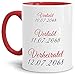Produktbild Tassendruck Hochzeits-Tasse Verliebt, Verlobt, Verheiratet - Partner-Tasse/Hochzeits-Geschenk/eigenes Datum/Individuell / Selbst Gestalten/Innen & Henkel Rot