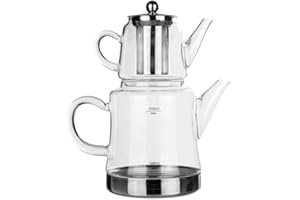 Karaca Dora - Set di teiera in vetro borosilicato con infusore in acciaio inossidabile, bollitore da 1,8 l e teiera in vetro da 0,45 l con infusore, per tisane, foglie sfuse e tè turco, ideale per