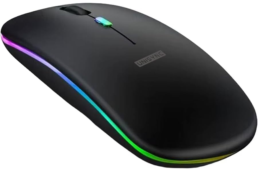 Unisync RGB Wireless Mouse, Silent Click, Dual Mode Bluetooth 5.0 + 2.4GHz, USB-C Rechargeable, 800-1600 DPI (Black)