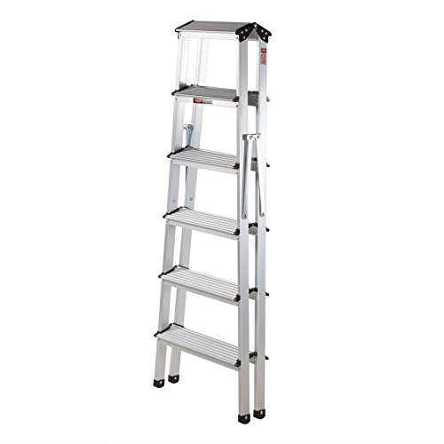 Trittleiter aus Aluminium – Klapptritt Steh- und Haushaltsleiter beidseitig begehbar 150 kg Traglast TÜV / GS geprüft (2 x 6 Stufen) - 2
