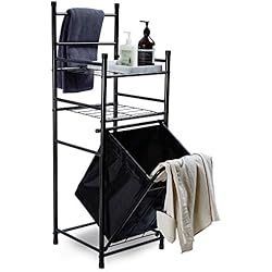 SUHU Etagere de Rangement 2 Niveaux Metal avec 1 Panier à Linge 36L Amovible Pour Buanderie Salle de Bain Toilette Moderne avec Étagère Porte-Serviette en Acier Noir