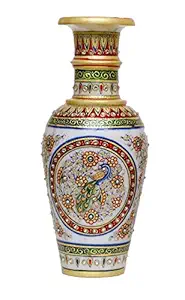 Aapno Craft Designer Decorative Marble Flower Vase | Round Shape Beautiful Peacock Style Handpainted Work Showpiece Vases for Home Decoration (Multicolor, 12.5x12.5x30 cm) 12 Inch