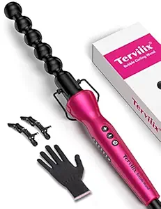 Terviiix Bubble Wand Curling Iron, Tourmaline Ceramic Curling Wand for Long Hair, Spiral Curling Iron for Defined Curls & Waves, Long-Lasting, Adjustable Temp to 430?F, Dual Voltage, Glove&Clips, Pink