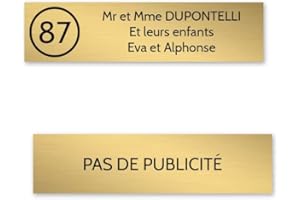 DECOHO - Plaque nom avec numéro + Plaque Stop Pub pour boite aux lettres format Decayeux (100x25mm) or brossé lettres noires - 3 lignes - hauteur : 2,5 cm