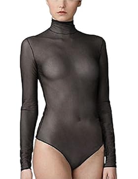 YiZYiF Transparent Damen Rollkragen Bodysuit Einteiliger Reizwäsche Langarm Body S M L XL