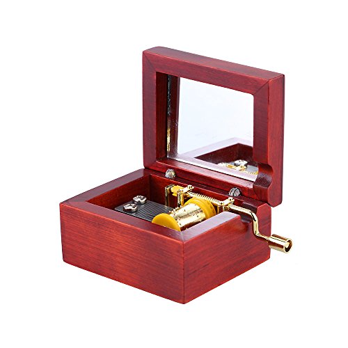 Andoer® Red Wood Musical Box Hand Crank Gold Movement Music Box with Built-in Mirror Melody Castle in the Sky