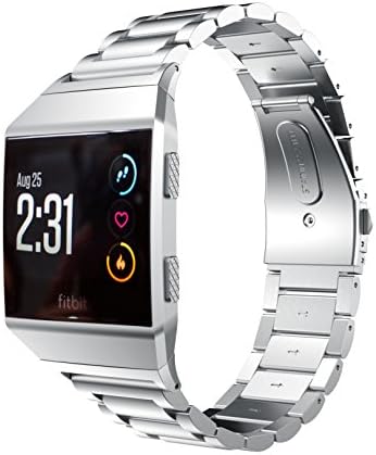 Runtenic Fitbit Ionic Strap, Stainless Steel Replacement Smart Watch Straps Accessories Wrist Band for Fitbit Ionic Sport Watch Women Men (Metal Silver)