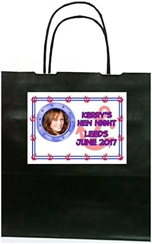 Personalised SAILOR Theme with WHITE WITH BLUE LABEL ON BLACK PARTY BAG with YOUR PHOTO for Hen Night Nautical Navy Birthday Do Weekend sized 19x8x21cm