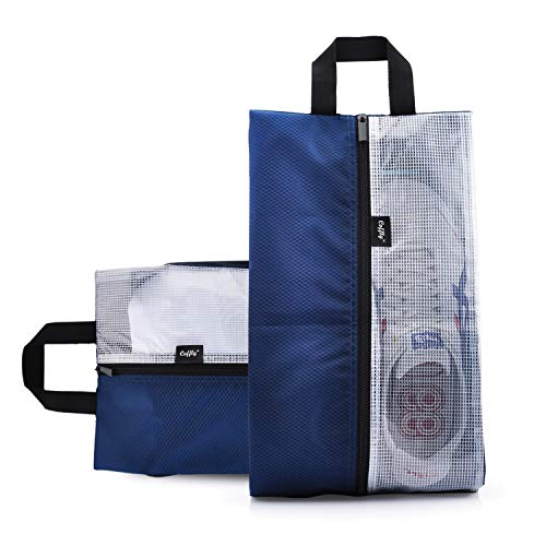 CofflyTM Bolsa de Zapatos de Nylon Resistente para Viajes y Negocios Bolsa Impermeable con Cremallera y Ventana Transparente Bolsa de Organizador para Zapatos, Ropa, Make up etc - Paquete de 2, Azul